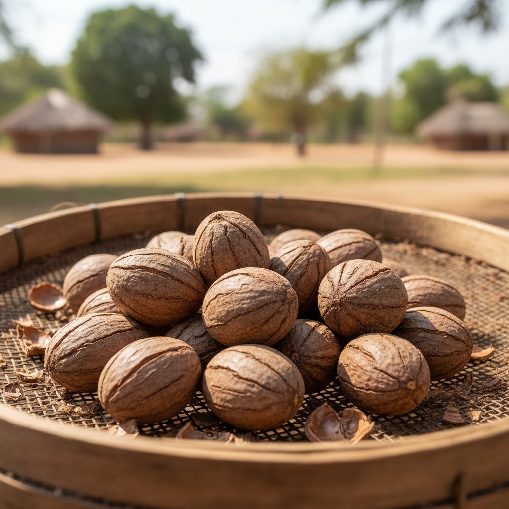 A pile of walnuts in brown shells, some of which have been cracked open and lay beside. All are resting on a round sieve l...